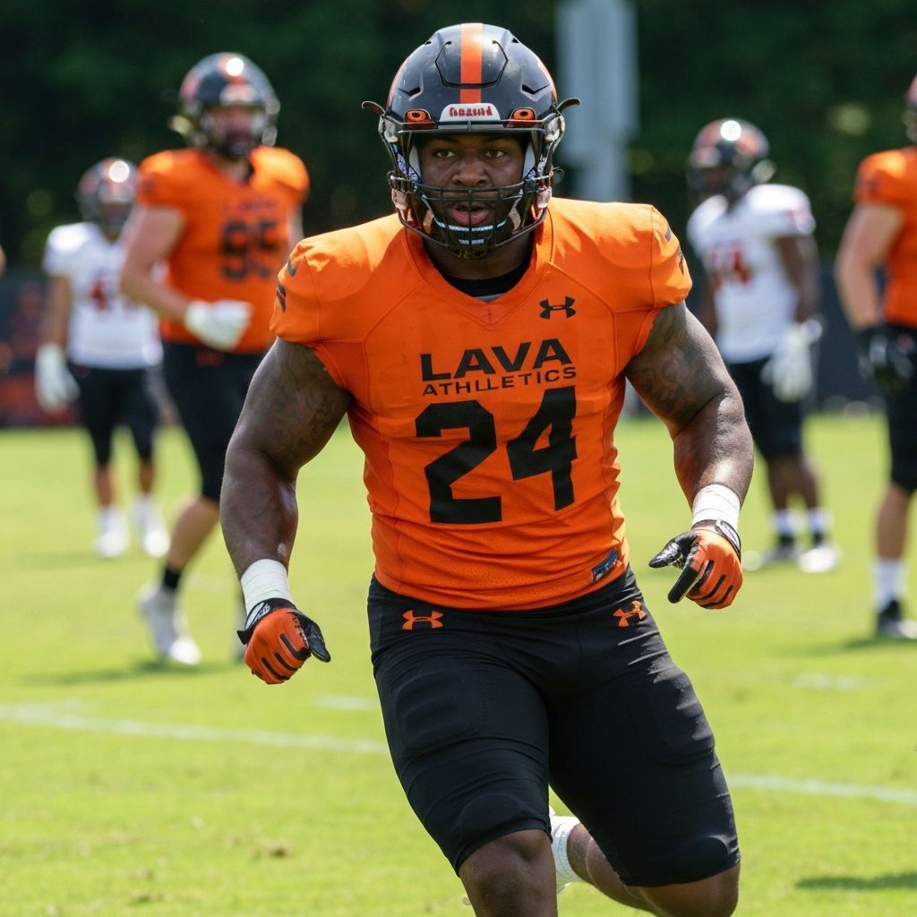 American football player wearing Lava Athletics gear in action